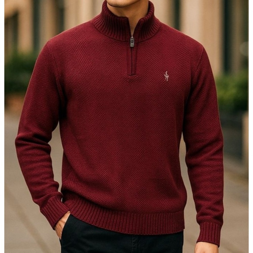U.S. POLO ASSN Men's L Long Sleeve Sweater Turtle 1/4 Zip‎ Burgundy Textured